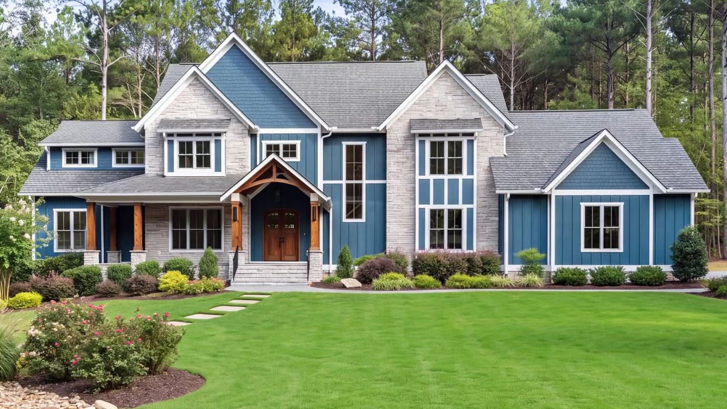 The Sedgewick — a blue and stone craftsman with a timber entry